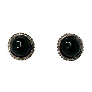 Vintage Inspired Black Onyx Stud Earrings Silver-Tone Bezel Classic Elegance